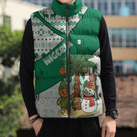 Nigeria Christmas Sleeveless Puffer Jacket with Gingerbread Snowman Palm Tree and Tribal Mask Design - Wonder Print Shop