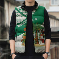 Nigeria Christmas Sleeveless Puffer Jacket with Gingerbread Snowman Palm Tree and Tribal Mask Design - Wonder Print Shop