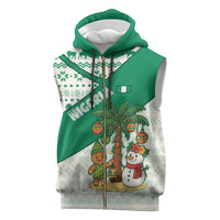 Nigeria Christmas Sleeveless Zip Hoodie with Gingerbread Snowman Palm Tree and Tribal Mask Design - Wonder Print Shop