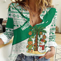 Nigeria Christmas Women Casual Shirt with Gingerbread Snowman Palm Tree and Tribal Mask Design - Wonder Print Shop