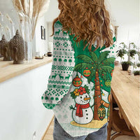 Nigeria Christmas Women Casual Shirt with Gingerbread Snowman Palm Tree and Tribal Mask Design - Wonder Print Shop