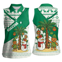 Nigeria Christmas Women Sleeveless Polo Shirt with Gingerbread Snowman Palm Tree and Tribal Mask Design - Wonder Print Shop
