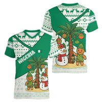 Nigeria Christmas Women V-Neck T-Shirt with Gingerbread Snowman Palm Tree and Tribal Mask Design - Wonder Print Shop