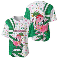 Nigeria Christmas Baseball Jersey with Pink Flamingo Tropical Leaves and Festive Lights Design - Wonder Print Shop