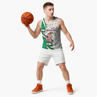 Nigeria Christmas Basketball Jersey with Pink Flamingo Tropical Leaves and Festive Lights Design - Wonder Print Shop