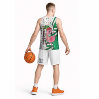 Nigeria Christmas Basketball Jersey with Pink Flamingo Tropical Leaves and Festive Lights Design - Wonder Print Shop