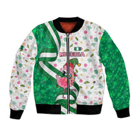 Nigeria Christmas Bomber Jacket with Pink Flamingo Tropical Leaves and Festive Lights Design - Wonder Print Shop