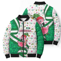 Nigeria Christmas Bomber Puffer Jacket with Pink Flamingo Tropical Leaves and Festive Lights Design - Wonder Print Shop