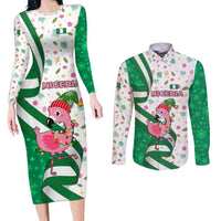 Nigeria Christmas Couples Matching Long Sleeve Bodycon Dress and Long Sleeve Button Shirt with Pink Flamingo Tropical Leaves and Festive Lights Design - Wonder Print Shop