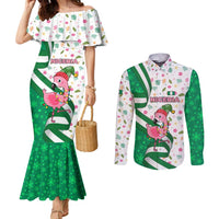 Nigeria Christmas Couples Matching Mermaid Dress and Long Sleeve Button Shirt with Pink Flamingo Tropical Leaves and Festive Lights Design - Wonder Print Shop