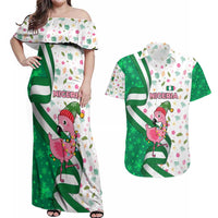 Nigeria Christmas Couples Matching Off Shoulder Maxi Dress and Hawaiian Shirt with Pink Flamingo Tropical Leaves and Festive Lights Design - Wonder Print Shop