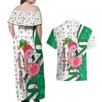 Nigeria Christmas Couples Matching Off Shoulder Maxi Dress and Hawaiian Shirt with Pink Flamingo Tropical Leaves and Festive Lights Design - Wonder Print Shop