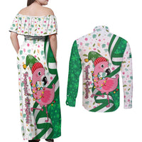 Nigeria Christmas Couples Matching Off Shoulder Maxi Dress and Long Sleeve Button Shirt with Pink Flamingo Tropical Leaves and Festive Lights Design - Wonder Print Shop