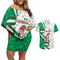 Nigeria Christmas Couples Matching Off Shoulder Short Dress and Hawaiian Shirt with Pink Flamingo Tropical Leaves and Festive Lights Design - Wonder Print Shop