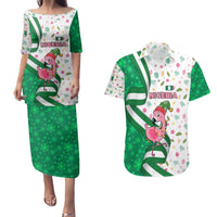 Nigeria Christmas Couples Matching Puletasi and Hawaiian Shirt with Pink Flamingo Tropical Leaves and Festive Lights Design - Wonder Print Shop