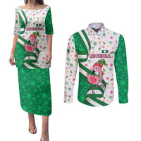 Nigeria Christmas Couples Matching Puletasi and Long Sleeve Button Shirt with Pink Flamingo Tropical Leaves and Festive Lights Design - Wonder Print Shop