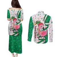 Nigeria Christmas Couples Matching Puletasi and Long Sleeve Button Shirt with Pink Flamingo Tropical Leaves and Festive Lights Design - Wonder Print Shop