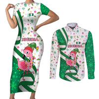 Nigeria Christmas Couples Matching Short Sleeve Bodycon Dress and Long Sleeve Button Shirt with Pink Flamingo Tropical Leaves and Festive Lights Design - Wonder Print Shop