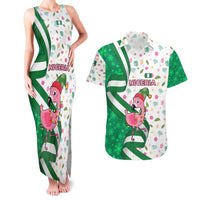 Nigeria Christmas Couples Matching Tank Maxi Dress and Hawaiian Shirt with Pink Flamingo Tropical Leaves and Festive Lights Design - Wonder Print Shop