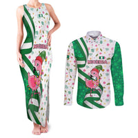 Nigeria Christmas Couples Matching Tank Maxi Dress and Long Sleeve Button Shirt with Pink Flamingo Tropical Leaves and Festive Lights Design - Wonder Print Shop