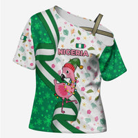 Nigeria Christmas Cross Shoulder Shirt with Pink Flamingo Tropical Leaves and Festive Lights Design - Wonder Print Shop