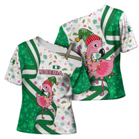 Nigeria Christmas Cross Shoulder Shirt with Pink Flamingo Tropical Leaves and Festive Lights Design - Wonder Print Shop