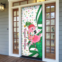 Nigeria Christmas Door Cover with Pink Flamingo Tropical Leaves and Festive Lights Design - Wonder Print Shop