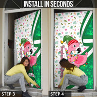 Nigeria Christmas Door Cover with Pink Flamingo Tropical Leaves and Festive Lights Design - Wonder Print Shop