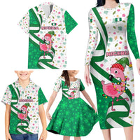 Nigeria Christmas Family Matching Long Sleeve Bodycon Dress and Hawaiian Shirt with Pink Flamingo Tropical Leaves and Festive Lights Design - Wonder Print Shop