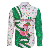 Nigeria Christmas Family Matching Long Sleeve Bodycon Dress and Hawaiian Shirt with Pink Flamingo Tropical Leaves and Festive Lights Design - Wonder Print Shop