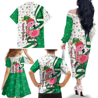Nigeria Christmas Family Matching Off The Shoulder Long Sleeve Dress and Hawaiian Shirt with Pink Flamingo Tropical Leaves and Festive Lights Design - Wonder Print Shop