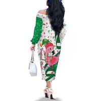 Nigeria Christmas Family Matching Off The Shoulder Long Sleeve Dress and Hawaiian Shirt with Pink Flamingo Tropical Leaves and Festive Lights Design - Wonder Print Shop