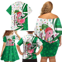 Nigeria Christmas Family Matching Off Shoulder Short Dress and Hawaiian Shirt with Pink Flamingo Tropical Leaves and Festive Lights Design - Wonder Print Shop