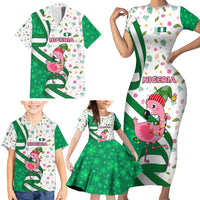 Nigeria Christmas Family Matching Short Sleeve Bodycon Dress and Hawaiian Shirt with Pink Flamingo Tropical Leaves and Festive Lights Design - Wonder Print Shop