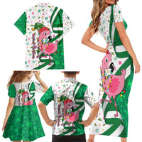 Nigeria Christmas Family Matching Short Sleeve Bodycon Dress and Hawaiian Shirt with Pink Flamingo Tropical Leaves and Festive Lights Design - Wonder Print Shop