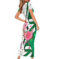 Nigeria Christmas Family Matching Short Sleeve Bodycon Dress and Hawaiian Shirt with Pink Flamingo Tropical Leaves and Festive Lights Design - Wonder Print Shop