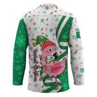 Nigeria Christmas Hockey Jersey with Pink Flamingo Tropical Leaves and Festive Lights Design - Wonder Print Shop