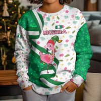 Nigeria Christmas Kid Ugly Christmas Sweater with Pink Flamingo Tropical Leaves and Festive Lights Design - Wonder Print Shop