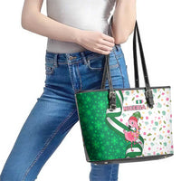 Nigeria Christmas Leather Tote Bag with Pink Flamingo Tropical Leaves and Festive Lights Design - Wonder Print Shop