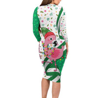 Nigeria Christmas Long Sleeve Bodycon Dress with Pink Flamingo Tropical Leaves and Festive Lights Design - Wonder Print Shop