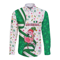 Nigeria Christmas Long Sleeve Button Shirt with Pink Flamingo Tropical Leaves and Festive Lights Design - Wonder Print Shop