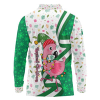 Nigeria Christmas Long Sleeve Polo Shirt with Pink Flamingo Tropical Leaves and Festive Lights Design - Wonder Print Shop