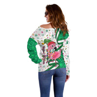 Nigeria Christmas Off Shoulder Sweater with Pink Flamingo Tropical Leaves and Festive Lights Design - Wonder Print Shop