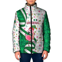 Nigeria Christmas Padded Jacket with Pink Flamingo Tropical Leaves and Festive Lights Design - Wonder Print Shop