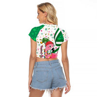 Nigeria Christmas Raglan Cropped T Shirt with Pink Flamingo Tropical Leaves and Festive Lights Design - Wonder Print Shop