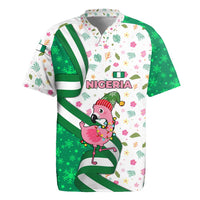 Nigeria Christmas Rugby Jersey with Pink Flamingo Tropical Leaves and Festive Lights Design - Wonder Print Shop