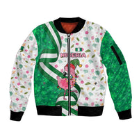 Nigeria Christmas Sleeve Zip Bomber Jacket with Pink Flamingo Tropical Leaves and Festive Lights Design - Wonder Print Shop