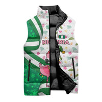 Nigeria Christmas Sleeveless Puffer Jacket with Pink Flamingo Tropical Leaves and Festive Lights Design - Wonder Print Shop