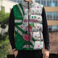 Nigeria Christmas Sleeveless Puffer Jacket with Pink Flamingo Tropical Leaves and Festive Lights Design - Wonder Print Shop