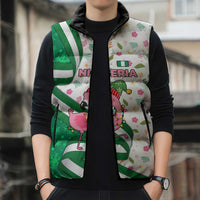 Nigeria Christmas Sleeveless Puffer Jacket with Pink Flamingo Tropical Leaves and Festive Lights Design - Wonder Print Shop